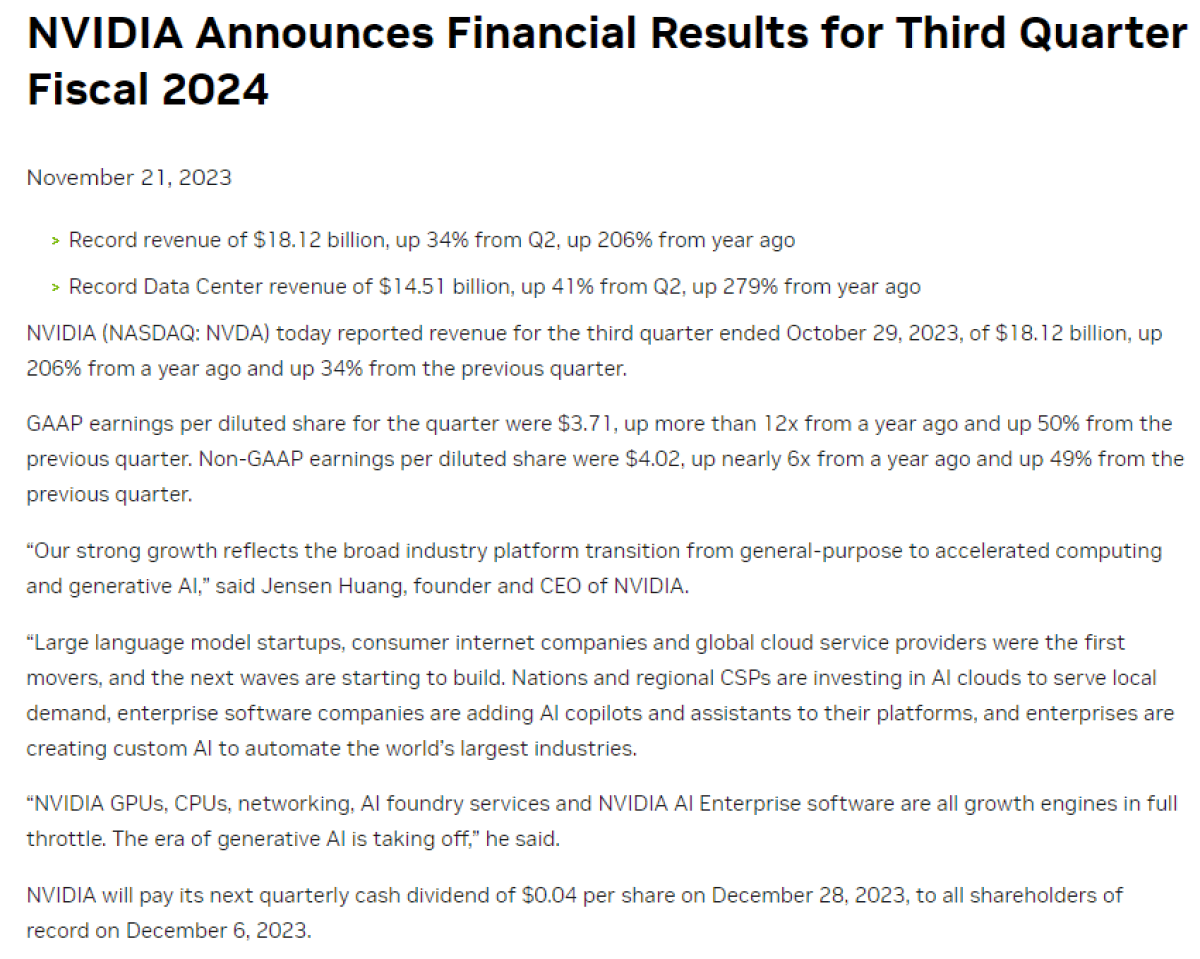 Báo cáo doanh thu Q3/2023 của Nvidia. Nguồn: Nvidia News.