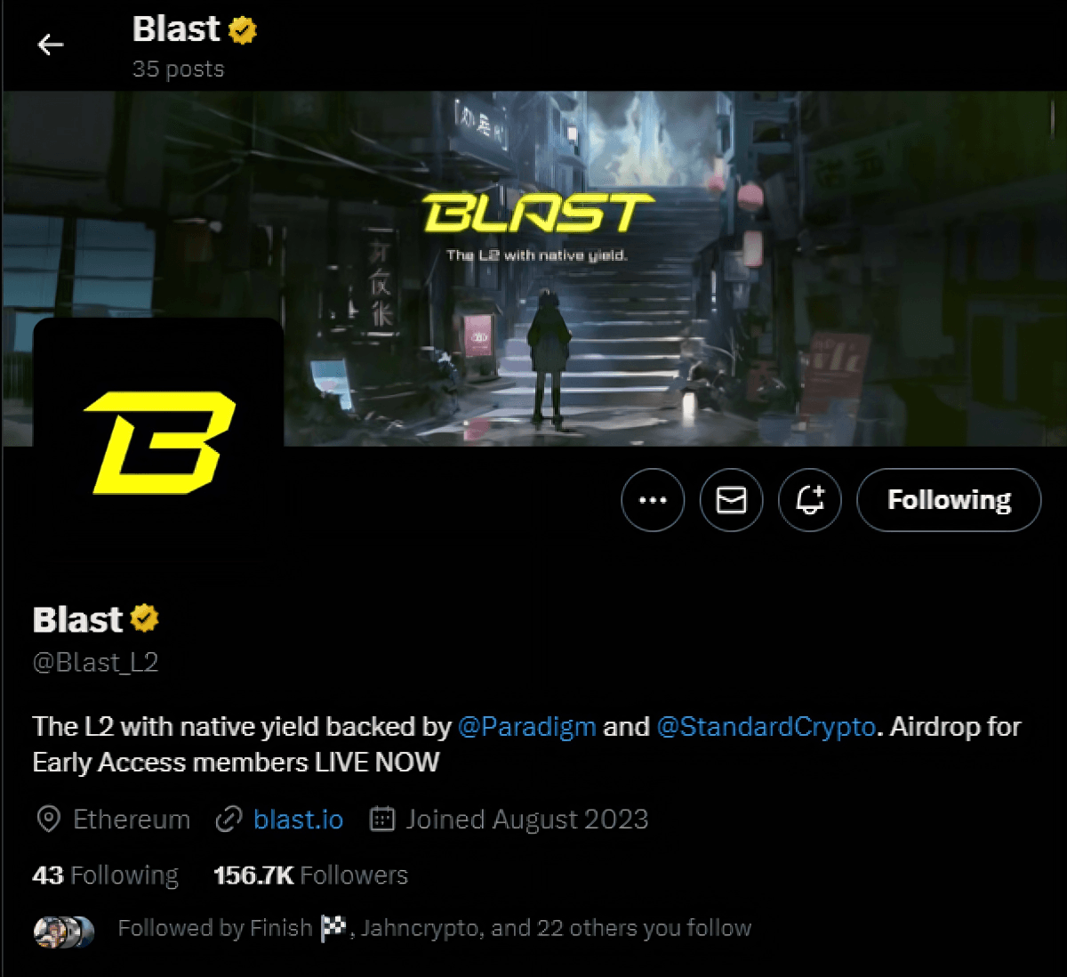 Bio Twitter của Blast hứa hẹn sẽ trả airdrop trong tương lai. Nguồn: Twitter.