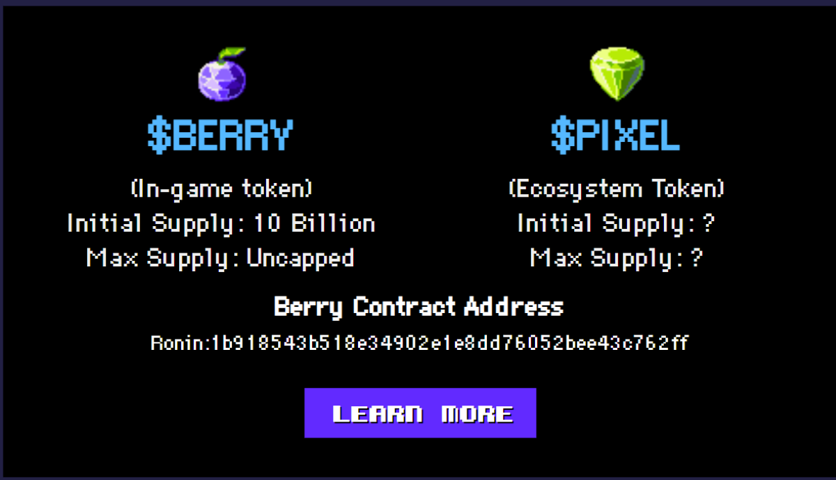 Pixels có 2 token chính là BERRY và PIXEL. Nguồn: pixelsdata.xyz.