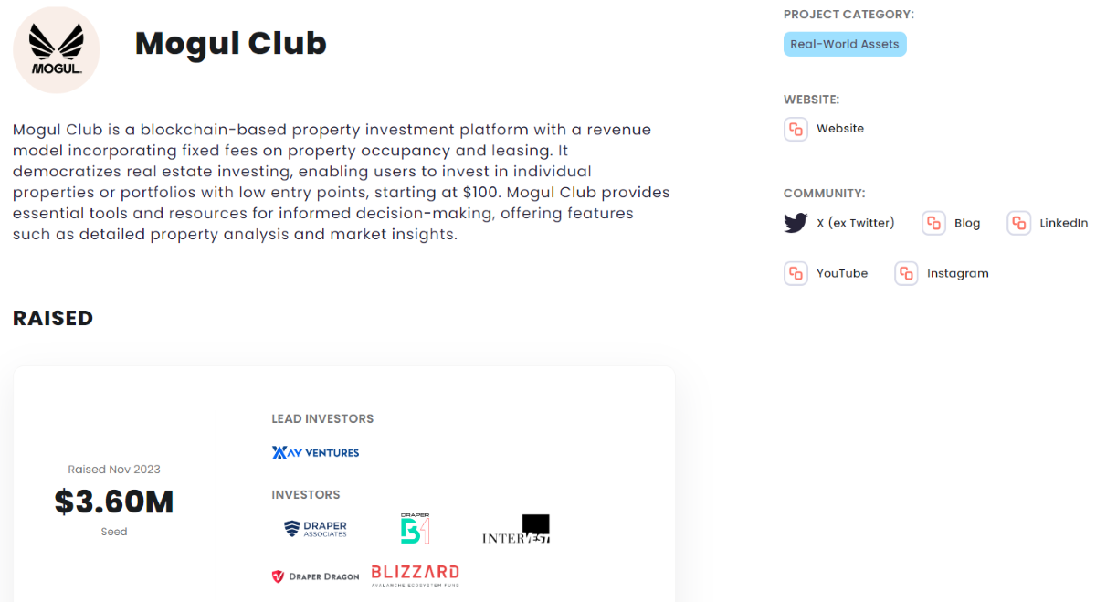 Thông tin về vòng gọi vốn Seed của Mogul Club. Nguồn: crypto-fundraising.info.