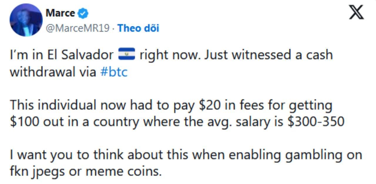 Người dùng ở El Salvador than phiền vì phải trả $20 để cash out $100 BTC ra tiền mặt