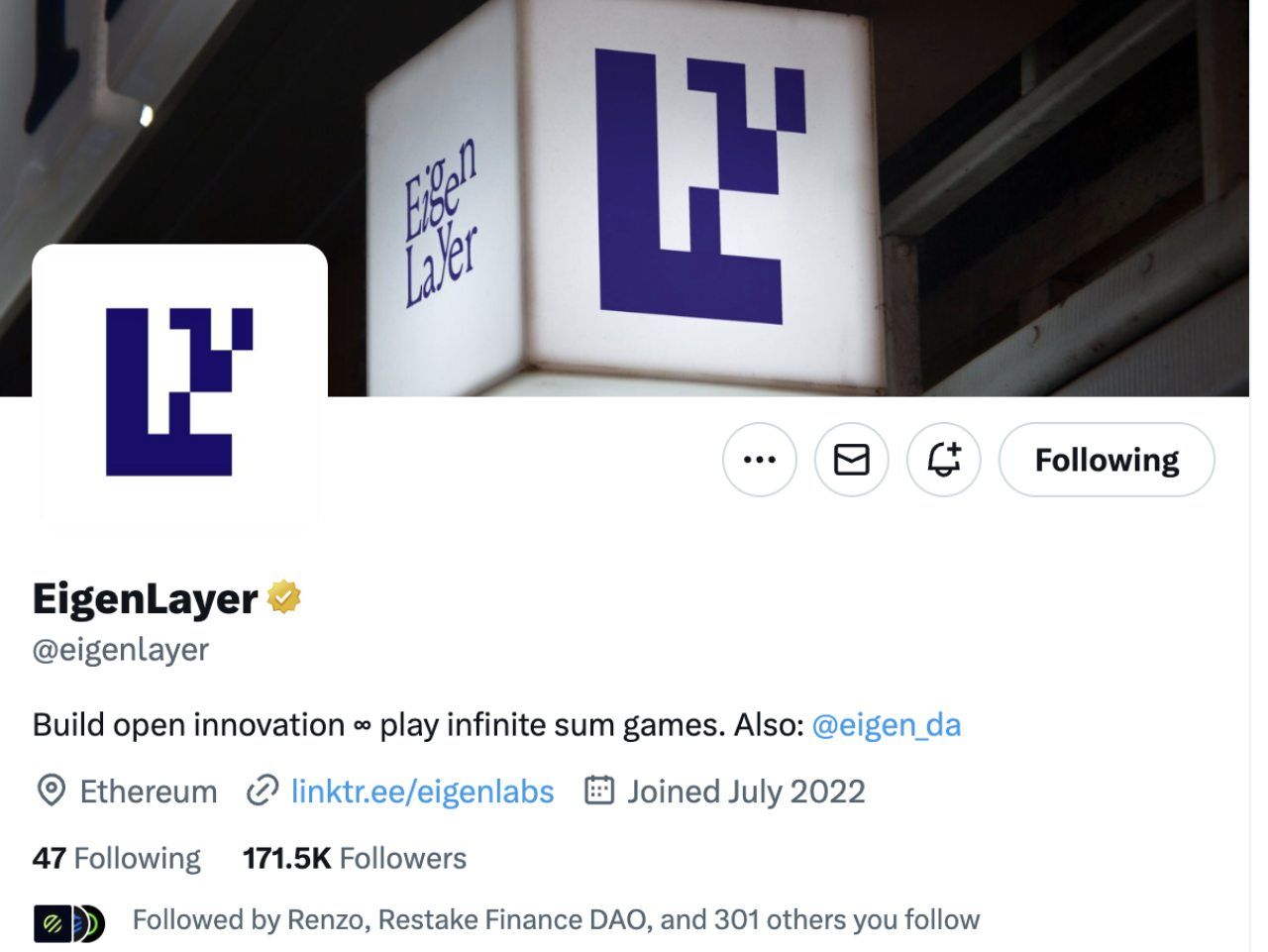 Twitter của  dự án EigenLayer
