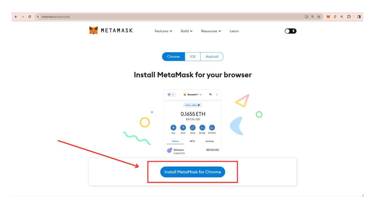 Nhấn Install MetaMask for Chrome để tiến hành cài đặt