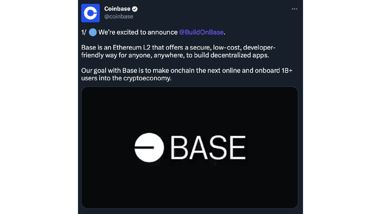 Coinbase đăng tweet ra mắt L2 Base