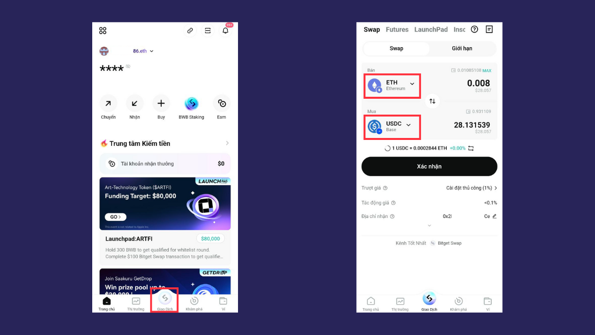Tính năng Swap & Bridge trực tiếp trên Bitget Wallet